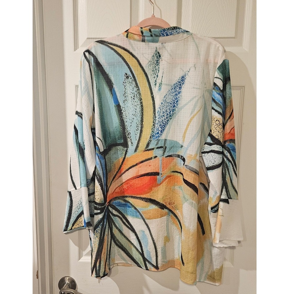 Ali Miles‎ Printed Wire Neck Bell Sleeve Jacket Top Womens 2X Artsy Tunic - Picture 8 of 8
